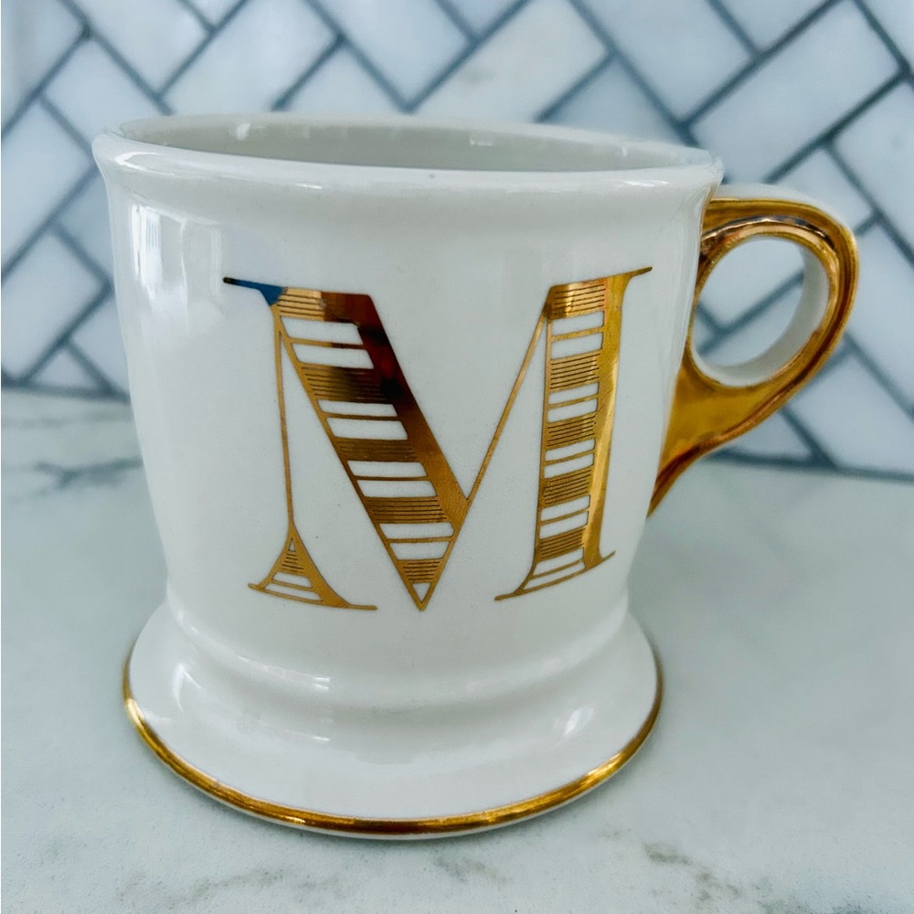 Anthro White & Gold Monogram ‘M’ Mug